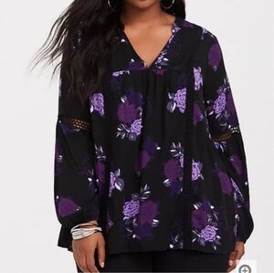 Torrid Black Purple Floral Twill Top Sz 3